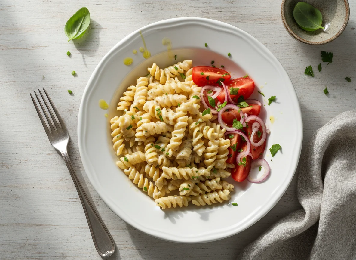 Nudeln mit Rahmsauce und Tomatensalat photo