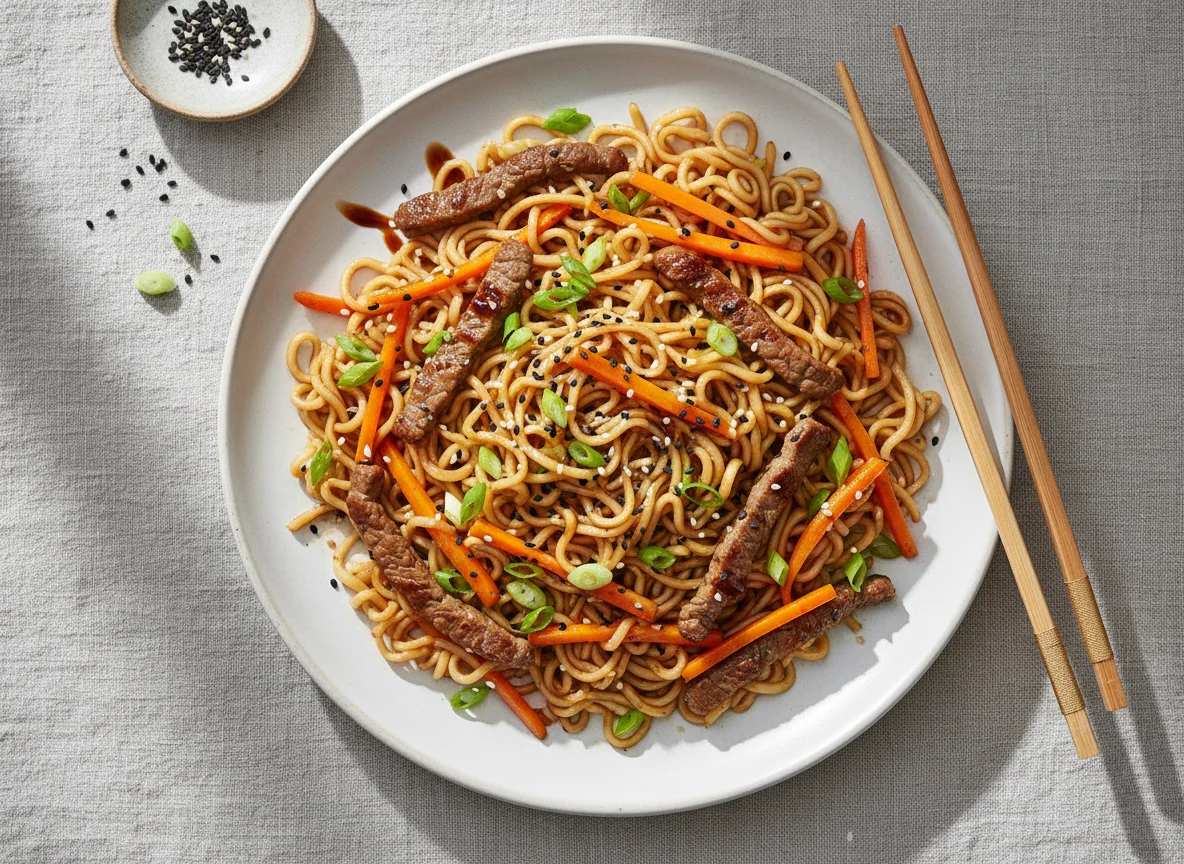 Nudeln mit Rindfleisch und Gemüse photo