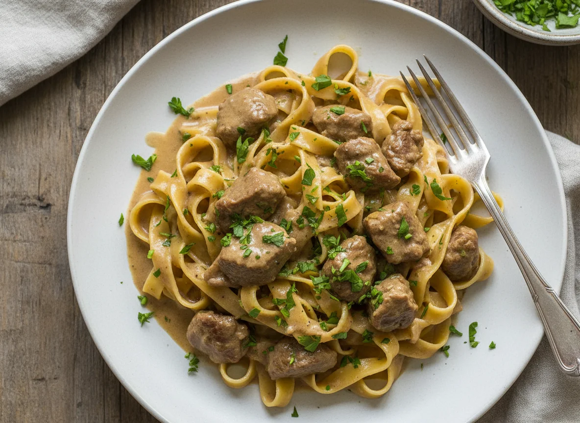 Nudeln mit Rindfleisch und Sauce photo