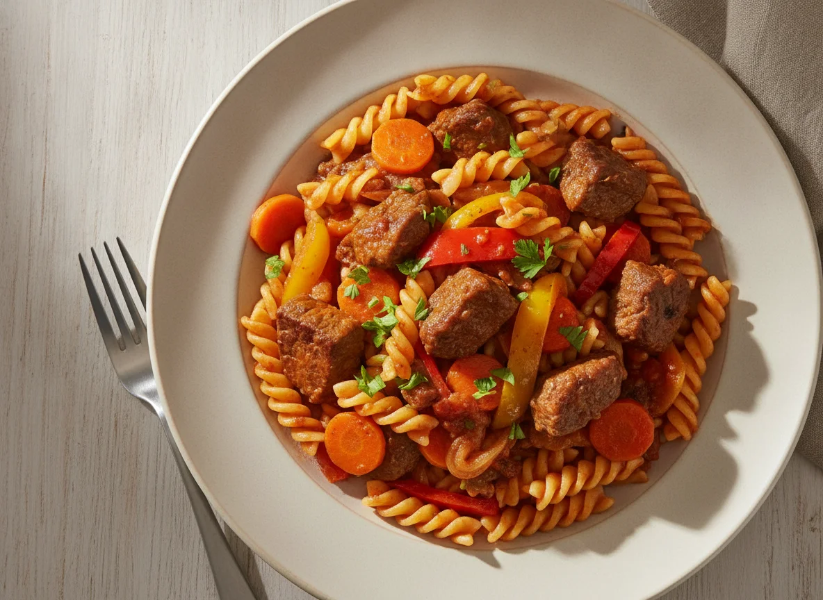 Nudeln mit Rindfleisch-Gemüse-Ragout photo