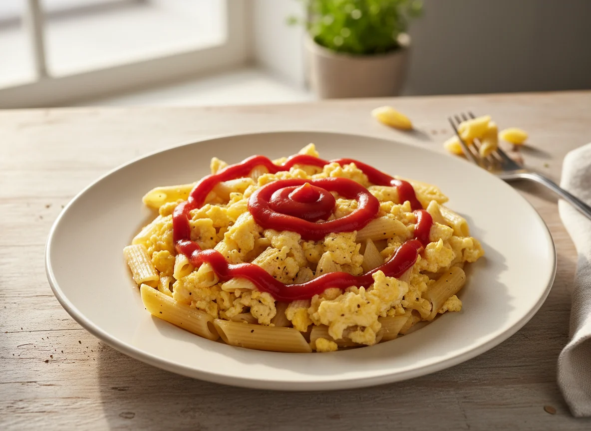 Nudeln mit Rührei und Ketchup photo