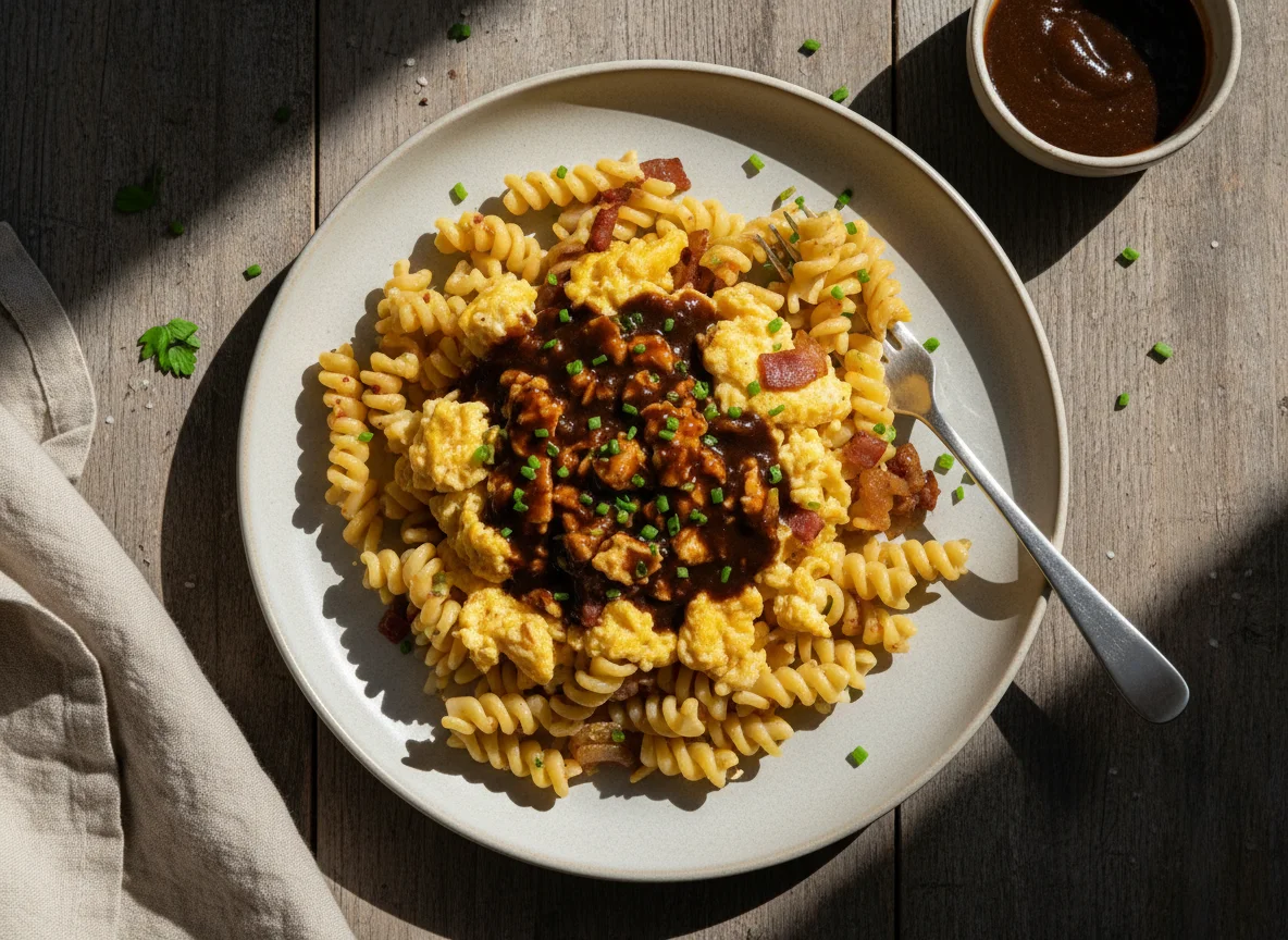 Nudeln mit Rührei und Sauce photo