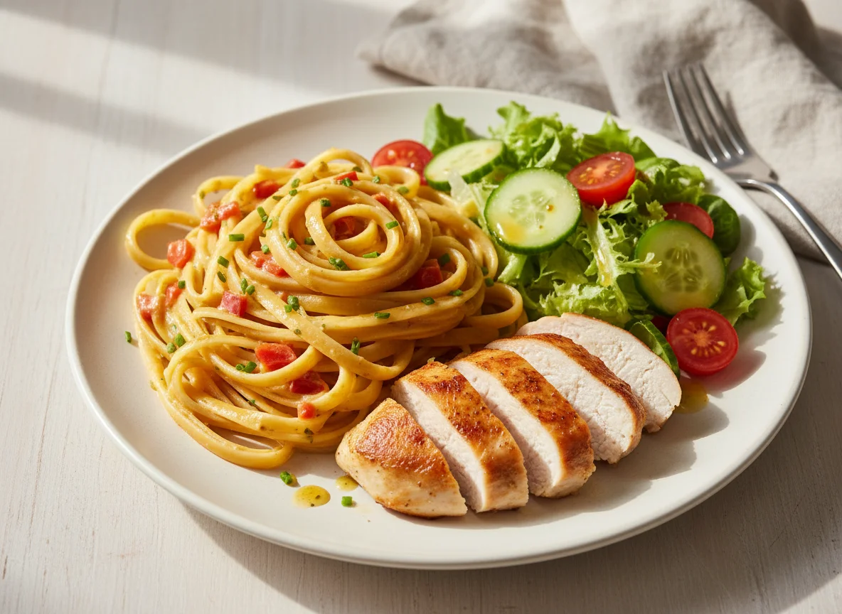Nudeln mit Sahnesauce, Hähnchenbrust und Salat photo