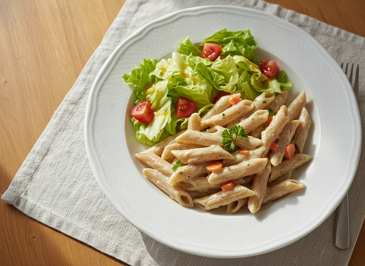 Nudeln mit Sahnesauce und Beilagensalat photo
