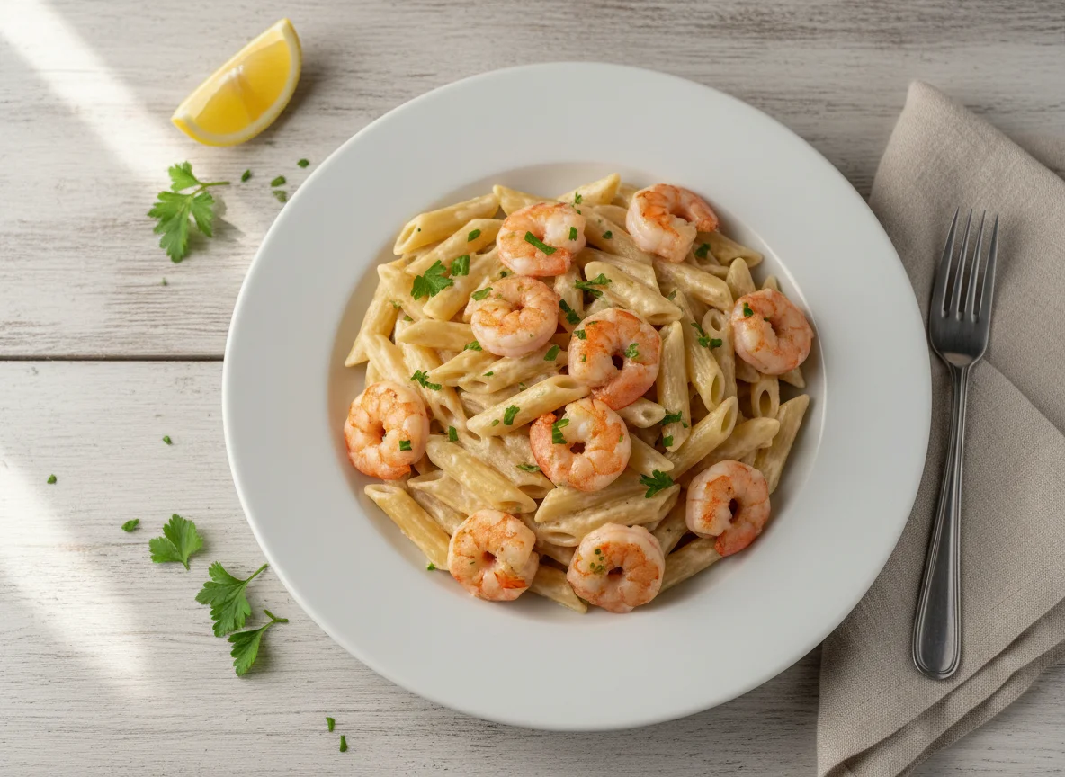 Nudeln mit Sahnesauce und Garnelen photo