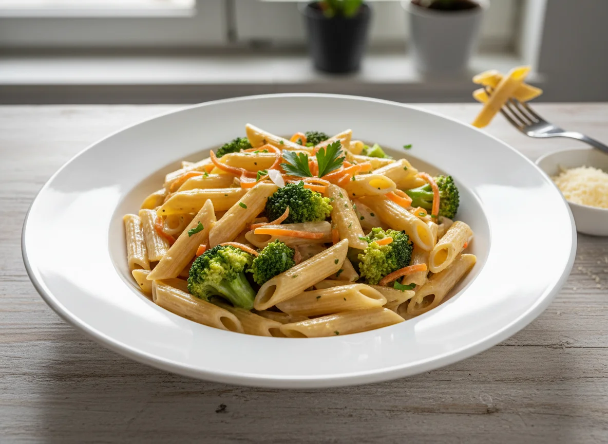 Nudeln mit Sahnesauce und Gemüse photo