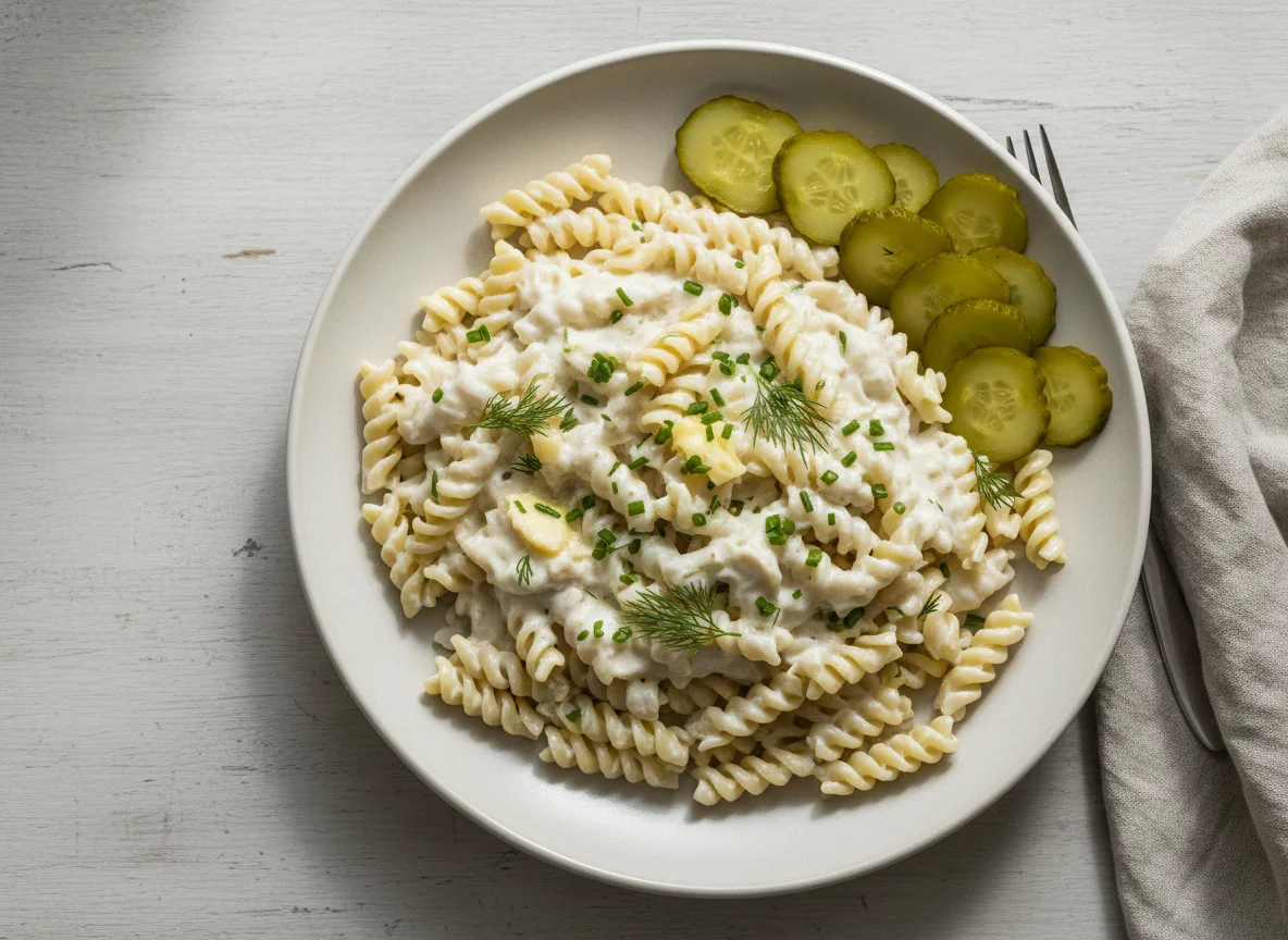 Nudeln mit Sahnesauce und Gurke photo