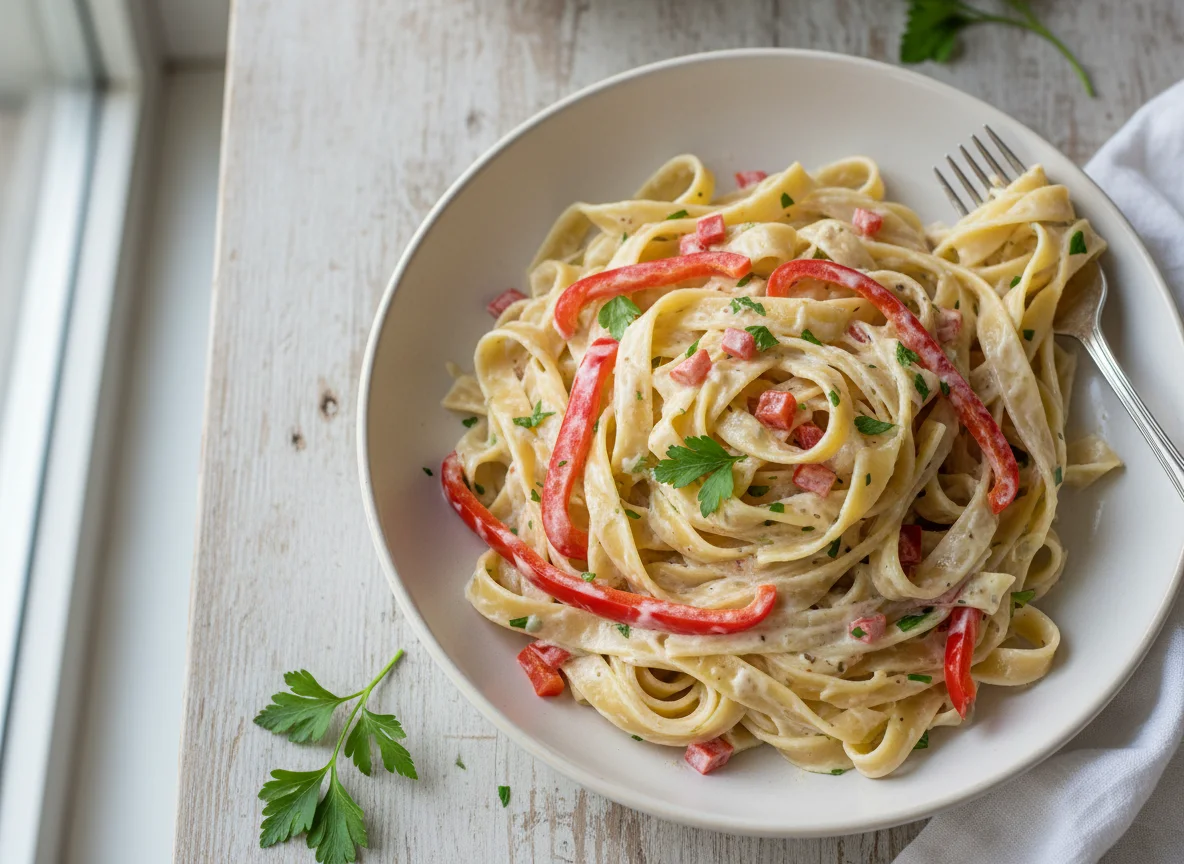 Nudeln mit Sahnesauce und Paprika photo