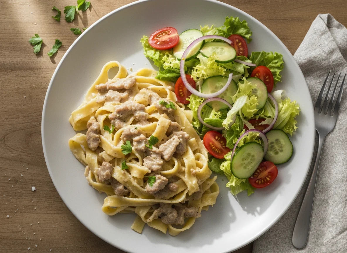 Nudeln mit Sahnesauce und Salat photo