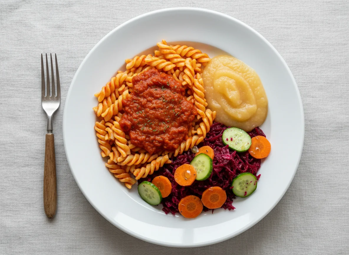 Nudeln mit Sauce, Apfelmus und Salat photo