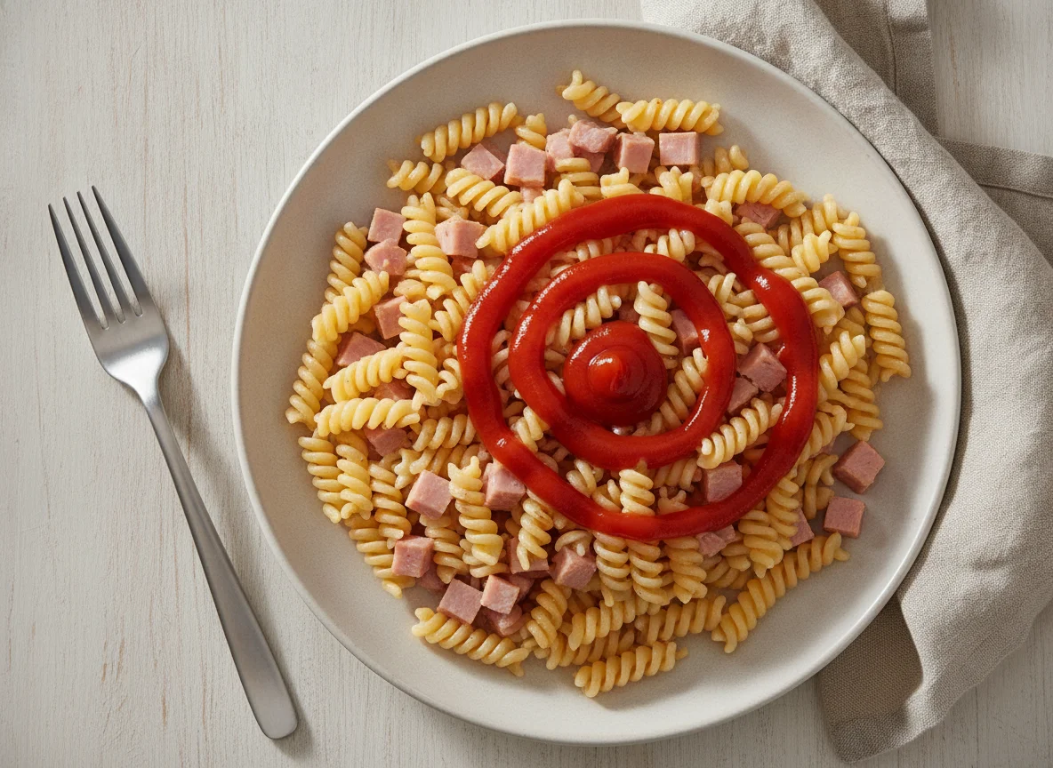 Nudeln mit Schinken und Ketchup photo