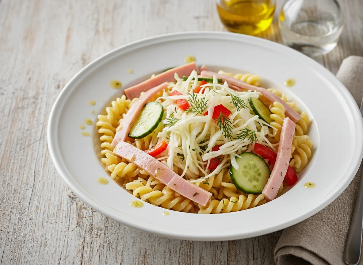 Nudeln mit Schinken und Krautsalat photo