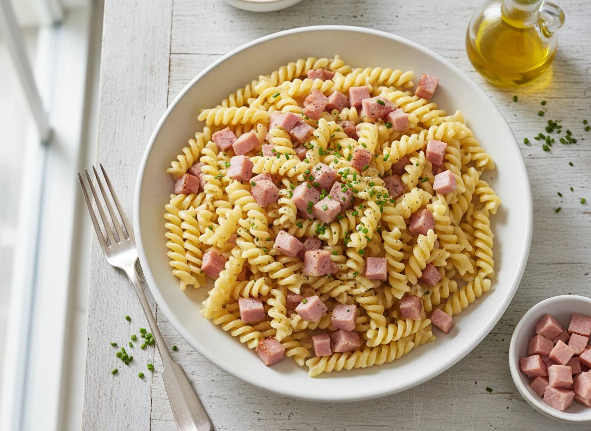 Nudeln mit Schinken und Sahnesauce photo