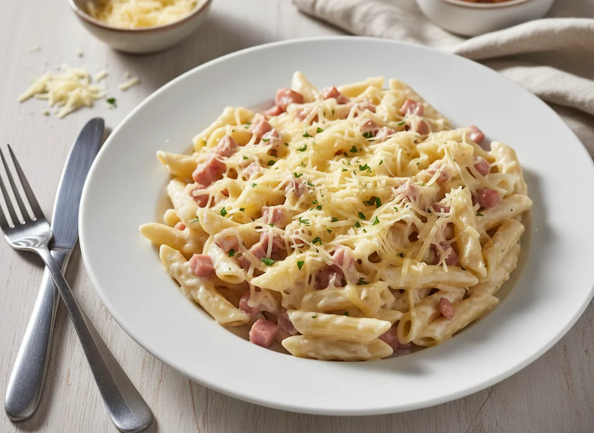 Nudeln mit Schinken-Sahne-Sauce und Käse photo