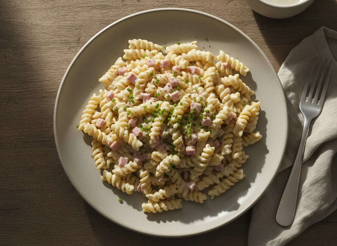 Nudeln mit Schinken-Sahne-Soße photo