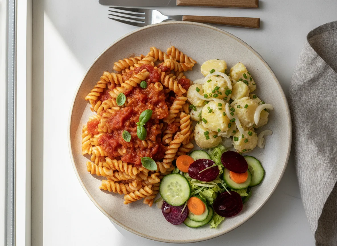 Nudeln mit Soße, Kartoffelsalat und Beilagensalat photo
