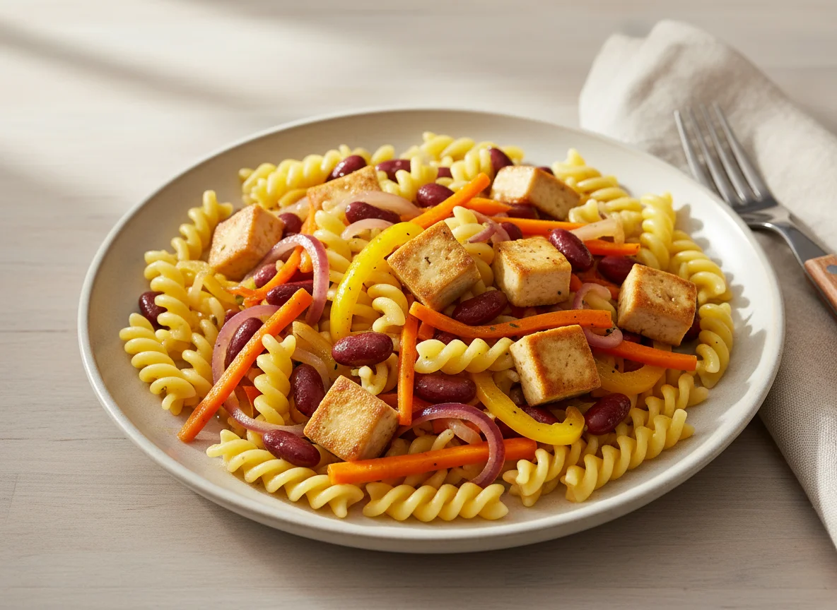 Nudeln mit Tofu, Kidneybohnen und Gemüse photo
