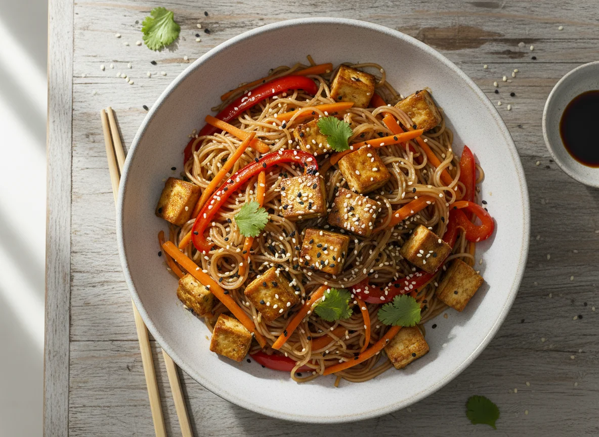 Nudeln mit Tofu und Gemüse photo