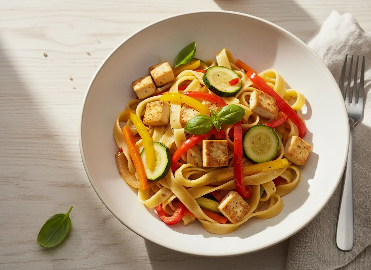 Nudeln mit Tofu und Gemüsepfanne photo