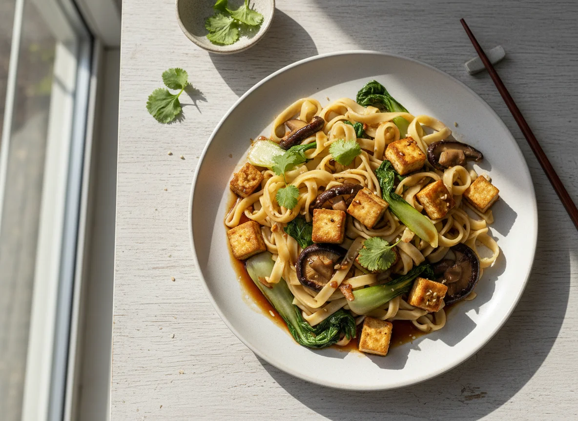 Nudeln mit Tofu und Pilzen photo