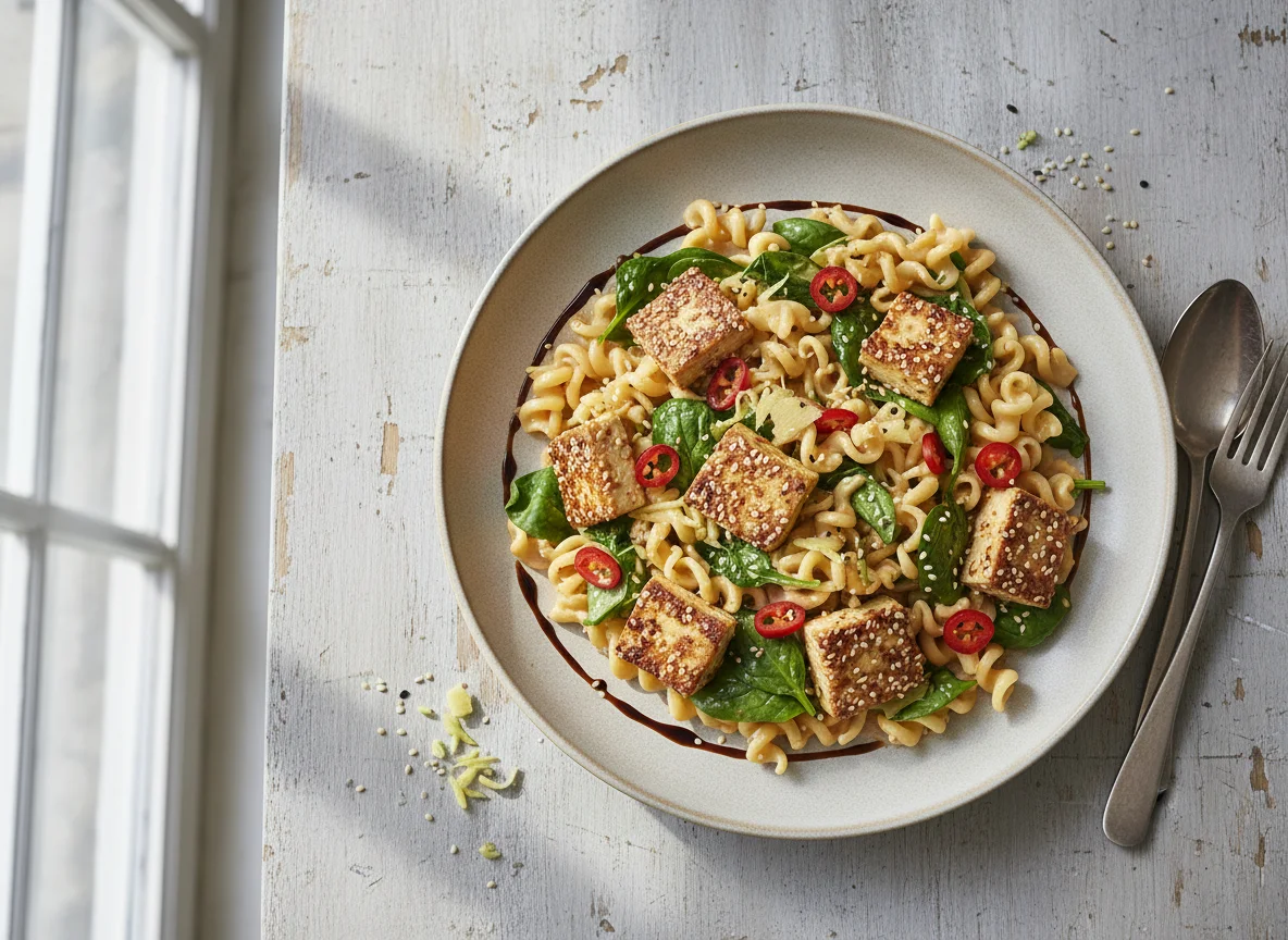 Nudeln mit Tofu und Spinat photo