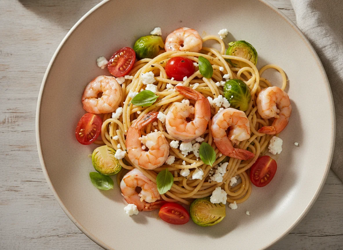 Nudeln mit Tomaten Garnelen Rosenkohl und Hirtenkäse photo