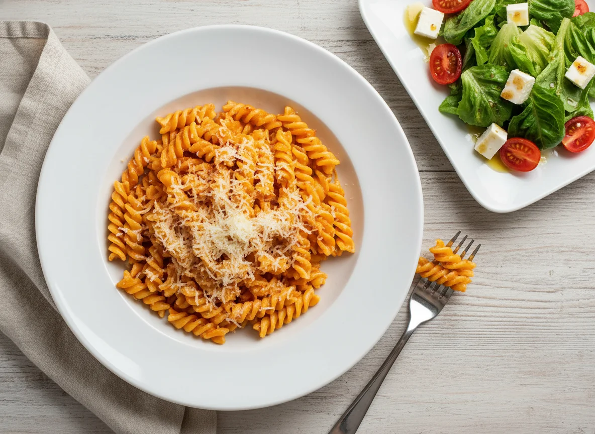 Nudeln mit Tomaten-Sahne-Soße und Beilagensalat photo