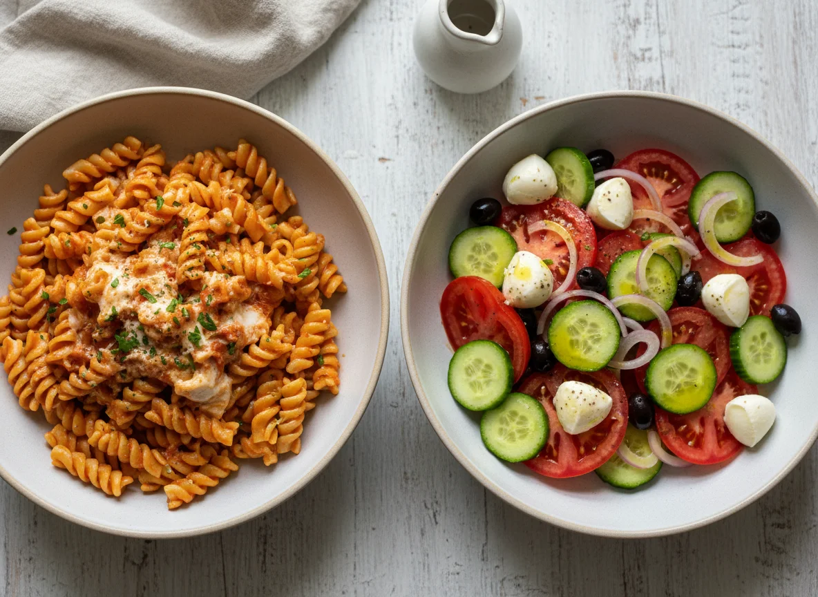 Nudeln mit Tomatensauce und Caprese-Salat photo