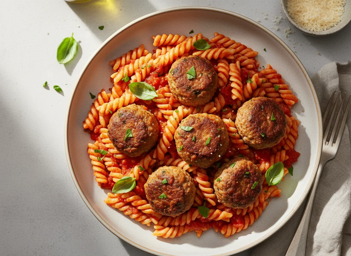 Nudeln mit Tomatensauce und Fleischbällchen photo