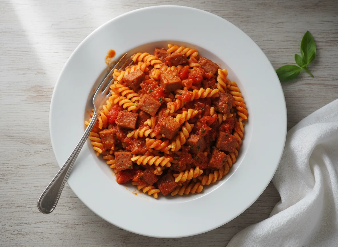 Nudeln mit Tomatensauce und Fleischwurst photo