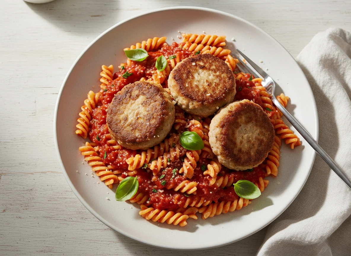 Nudeln mit Tomatensauce und Frikadellen photo