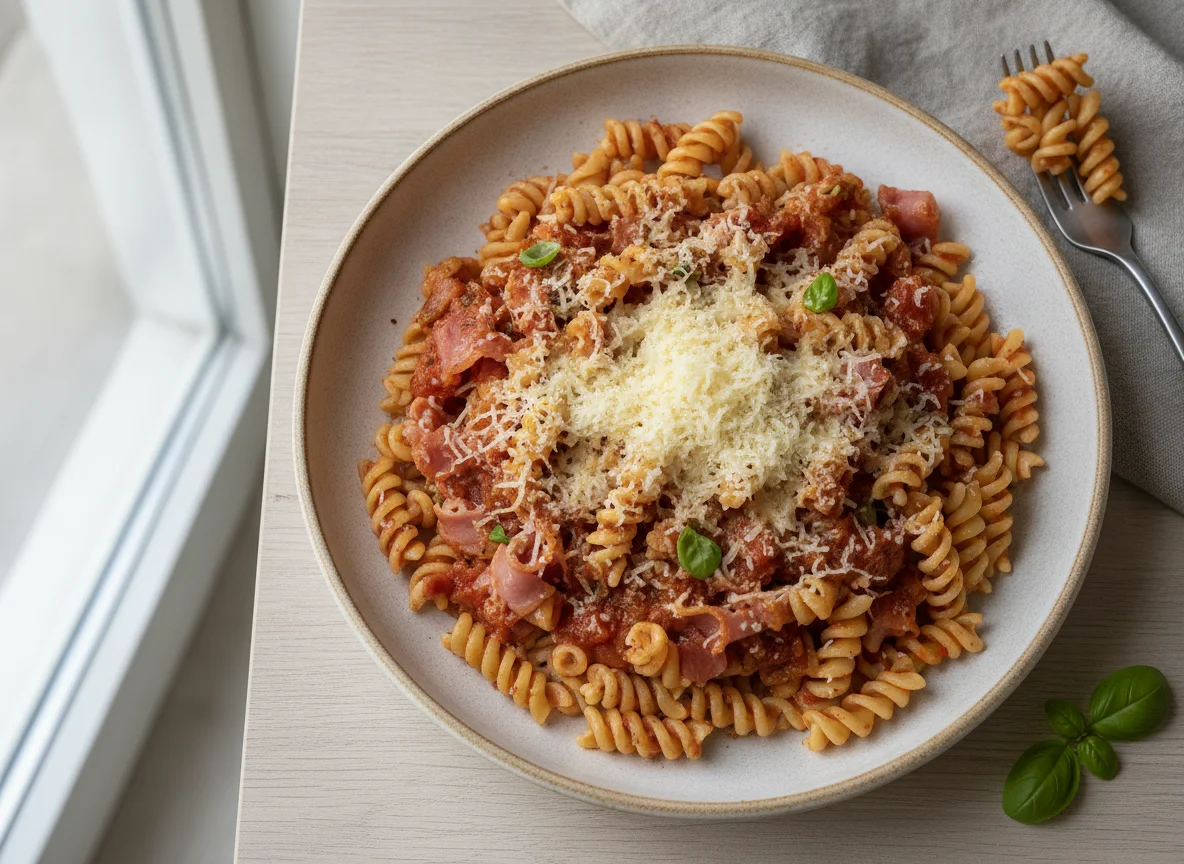 Nudeln mit Tomatensauce und Schinken photo