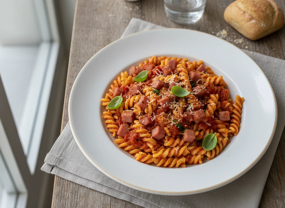 Nudeln mit Tomatensauce und Schinkenwürfeln photo