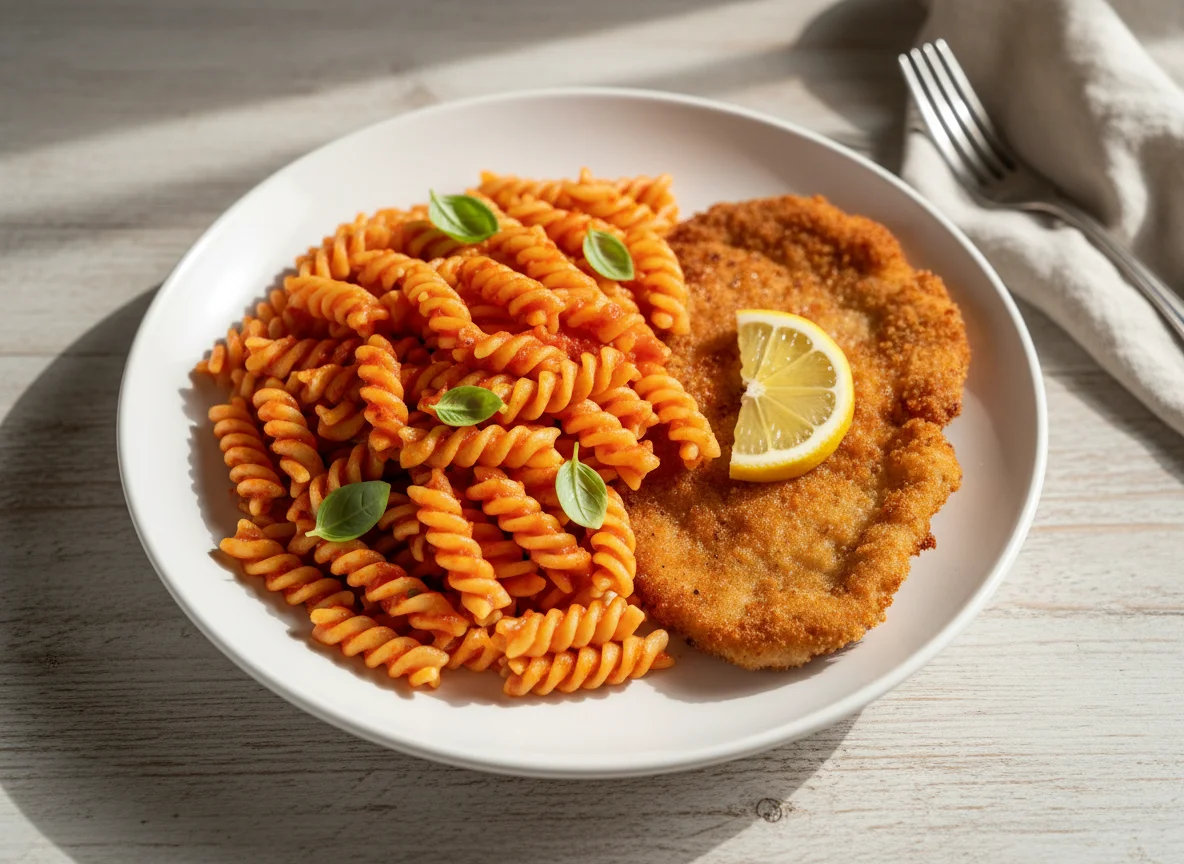 Nudeln mit Tomatensauce und Schnitzel photo