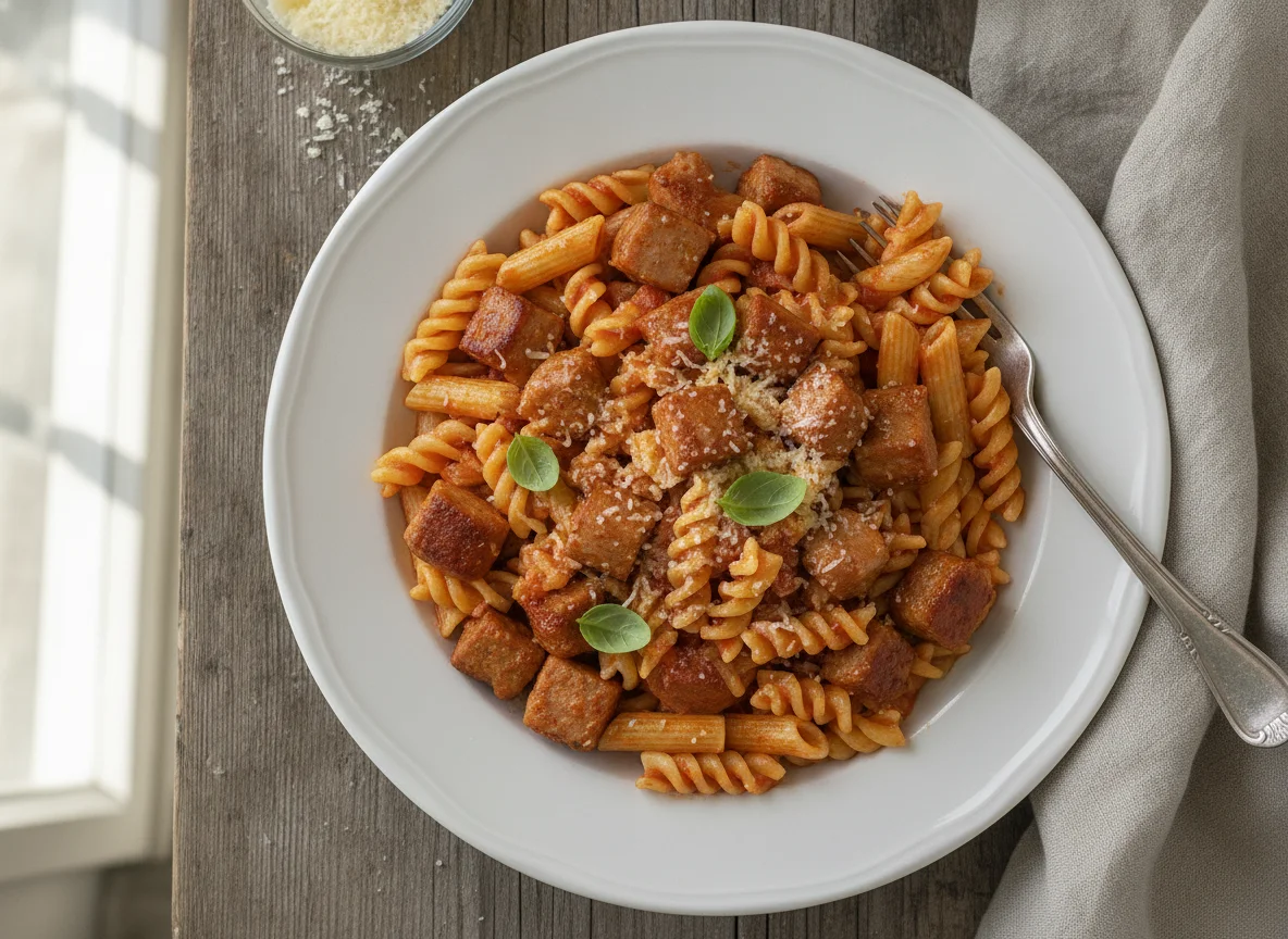 Nudeln mit Tomatensauce und Wurststücken photo