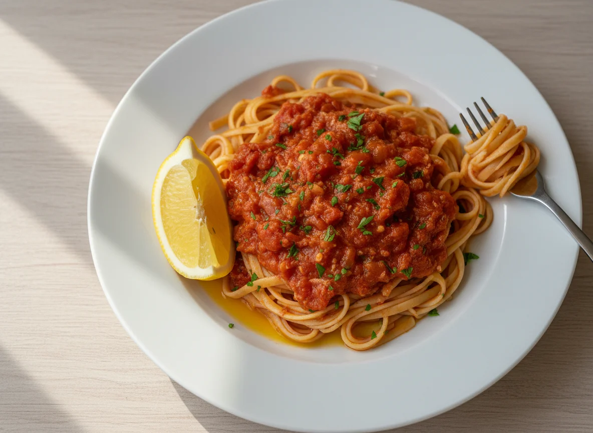 Nudeln mit Tomatensauce und Zitrone photo