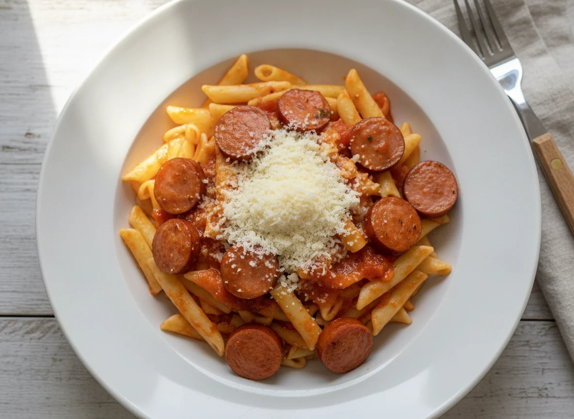 Nudeln mit Tomatensauce, Wurst und Käse photo