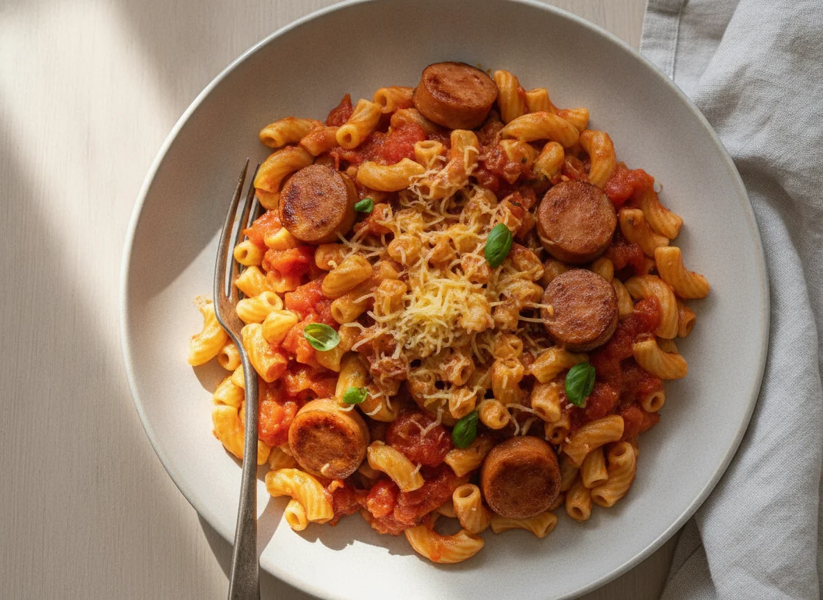 Nudeln mit Tomatensauce, Würstchen und Käse photo