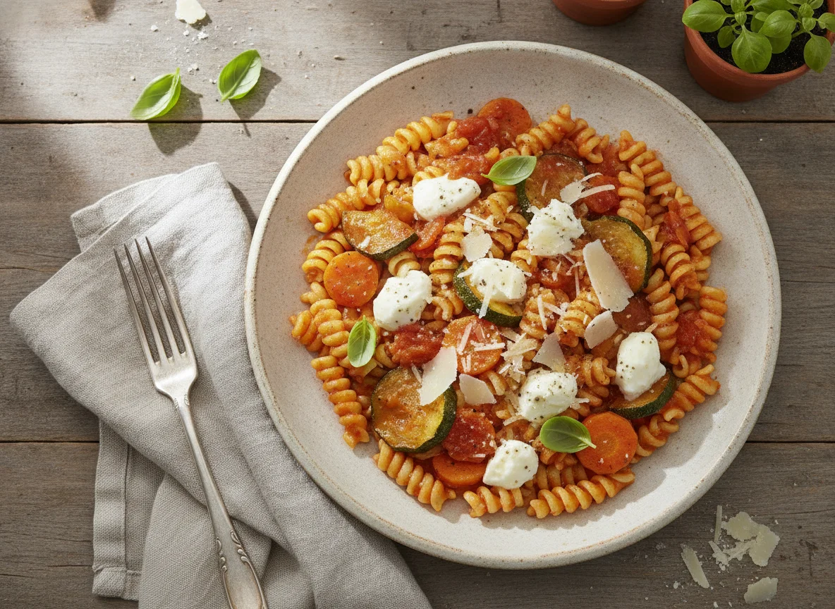 Nudeln mit Tomatensoße und Gemüse photo
