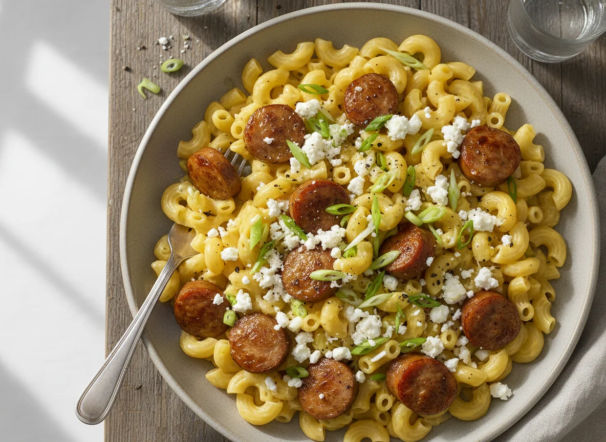 Nudeln mit Wurst und Feta photo