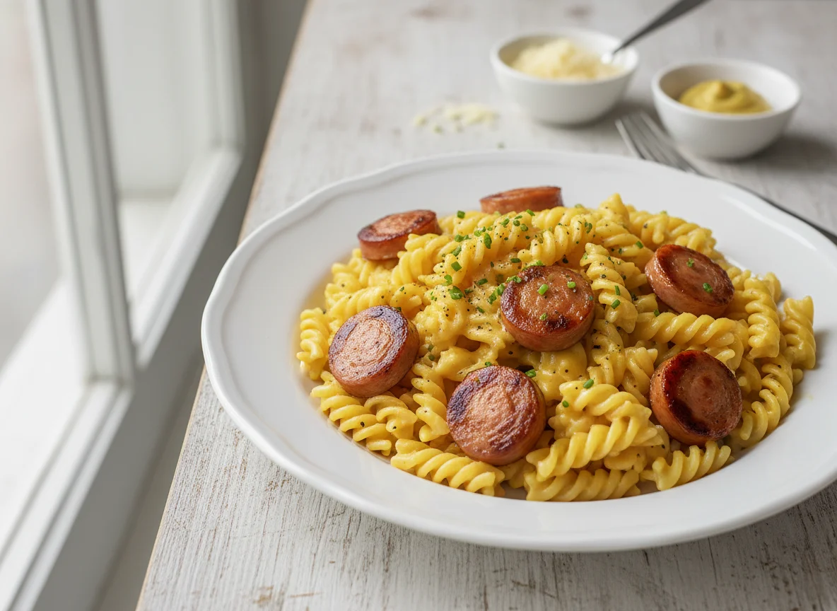 Nudeln mit Wurst und Käsesauce photo