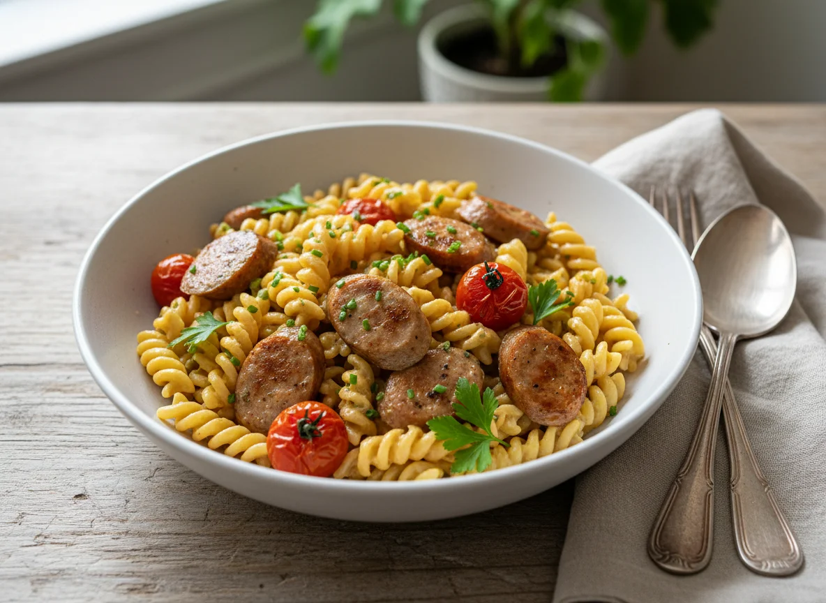 Nudeln mit Wurst und Rahmsauce photo