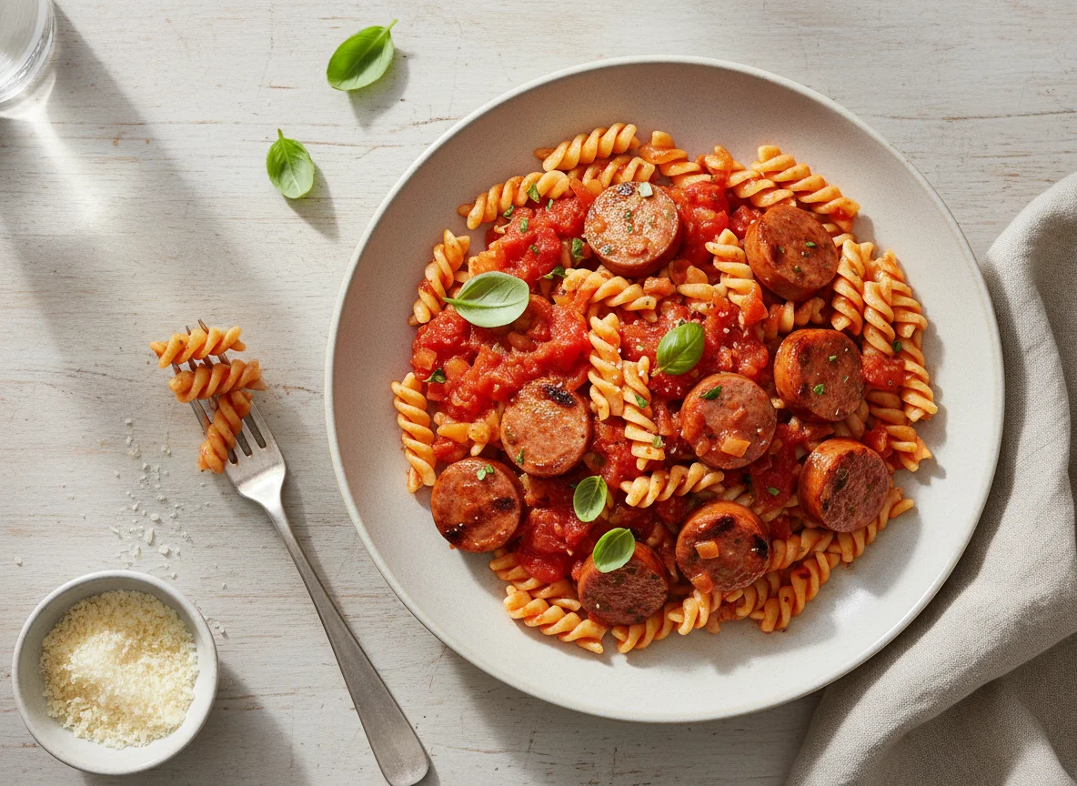 Nudeln mit Wurst und Tomatensoße photo