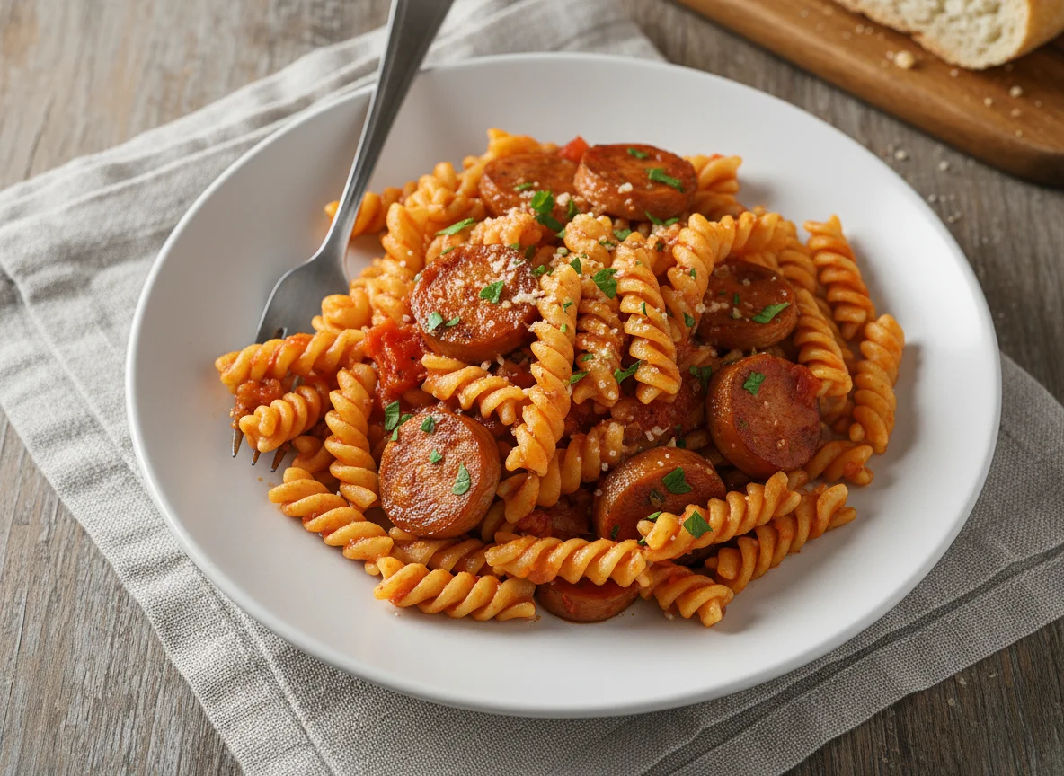 Nudeln mit Würstchen in Tomatensauce photo