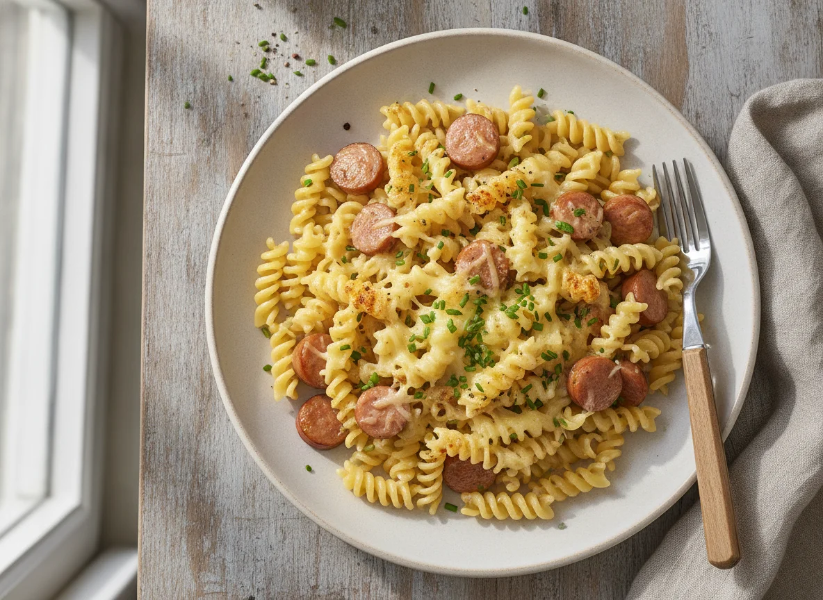 Nudeln mit Würstchen und Käse photo