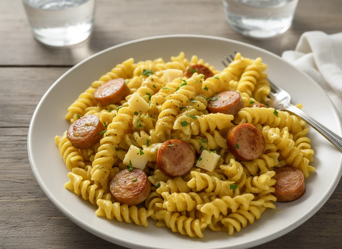 Nudeln mit Würstchen und Käsesauce photo