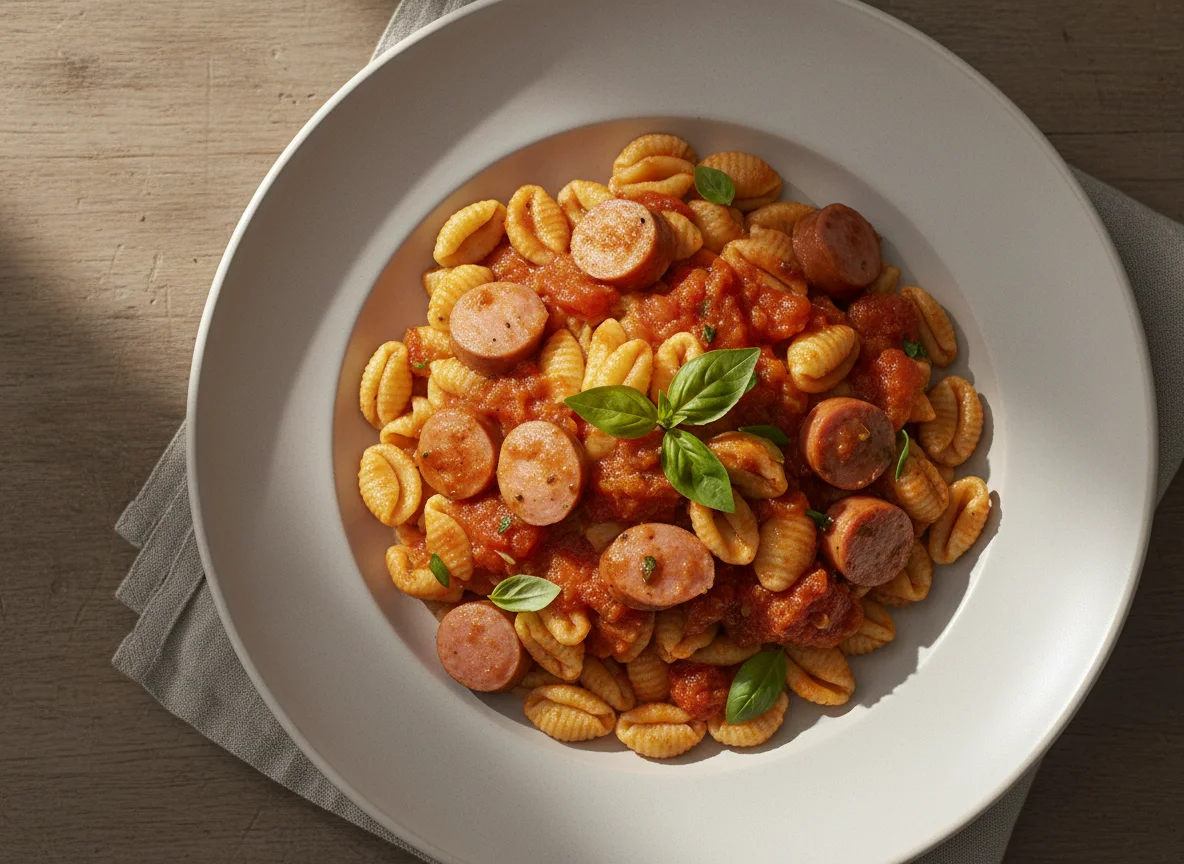 Nudeln mit Würstchen und Sauce photo