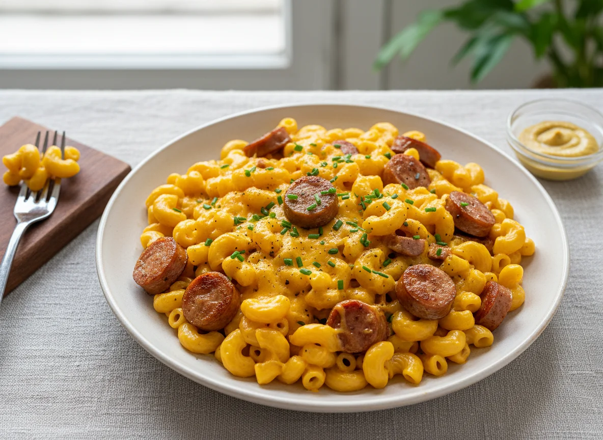 Nudeln mit Wurstscheiben photo