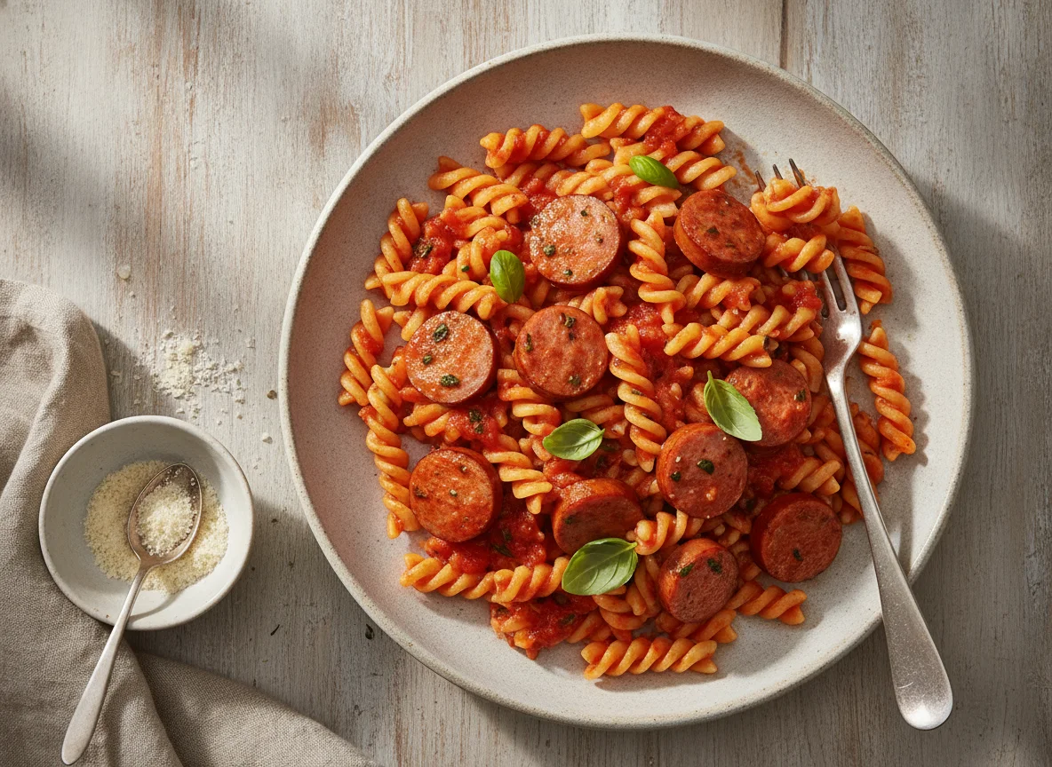 Nudeln mit Wurststücken in Tomatensauce photo