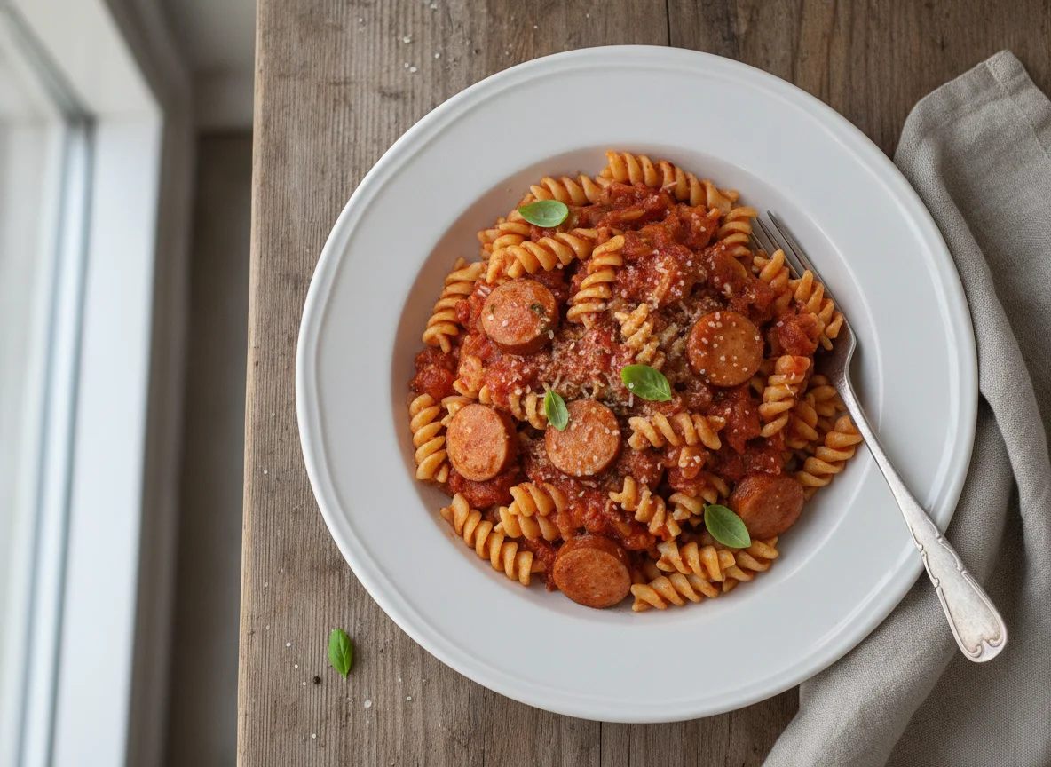 Nudeln mit Wurststücken und Tomatensauce photo